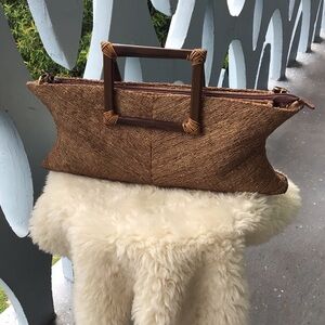 Handmade Chevron Patterned Woven Brown Hourglass Straw Tote Bag - Bamboo Handles